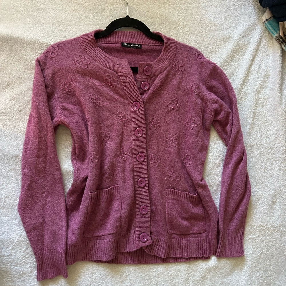Belle‎ Femme Women’s Wool Cashmere Blend Mauve Cardigan Large Grandma Cozy - Picture 14 of 16